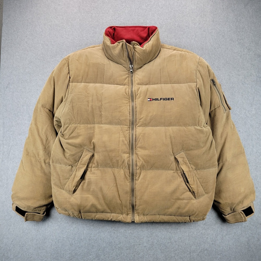 Tommy Hilfiger Tan Corduroy Puffer Jacket with Red Lining